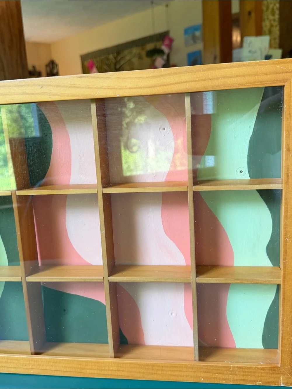Upcycled wooden shadow box with Green, Pink & Cream Wave Backing